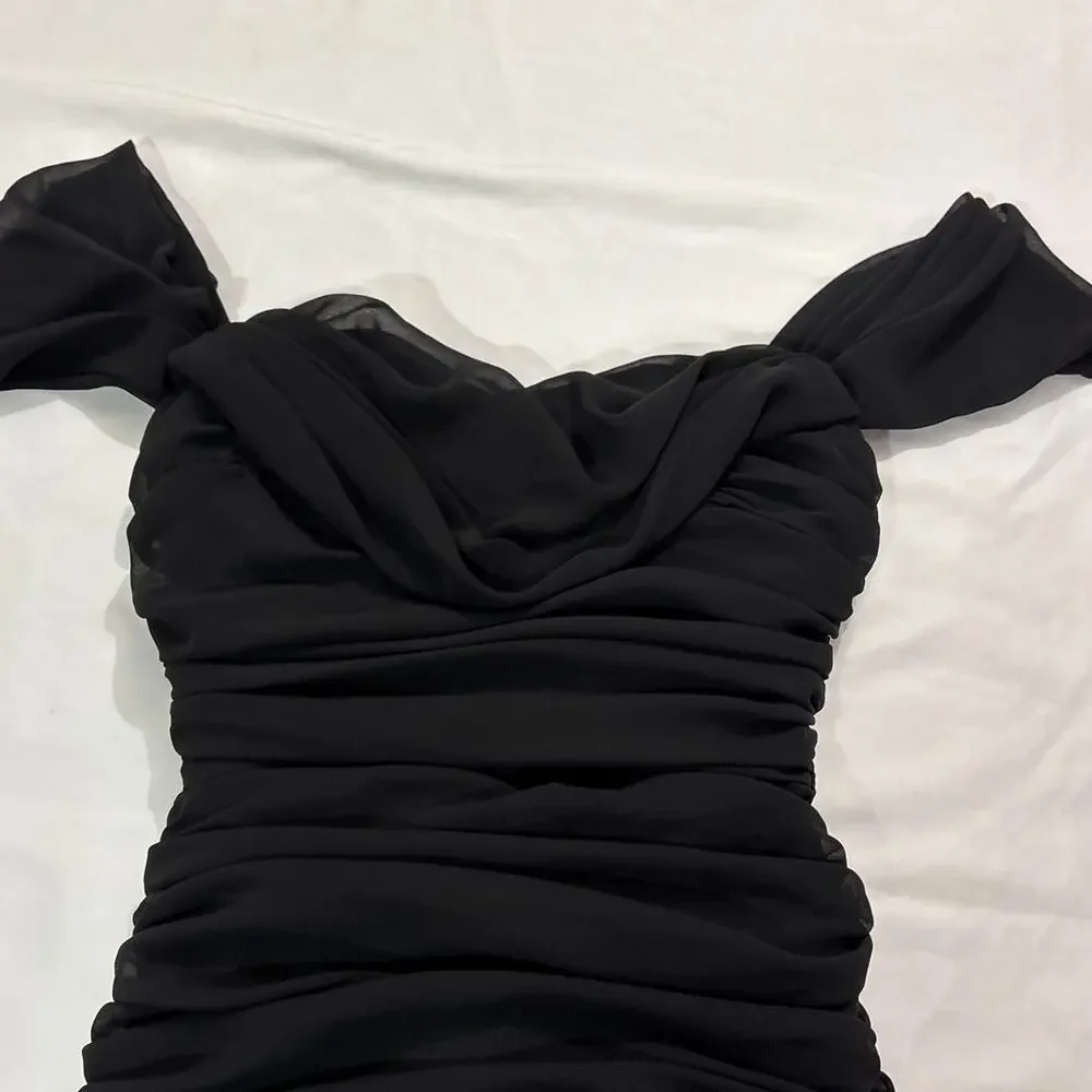 House of CB Womens Small Black Carlotta Dress Ruched Bodycon Off the Shoulder